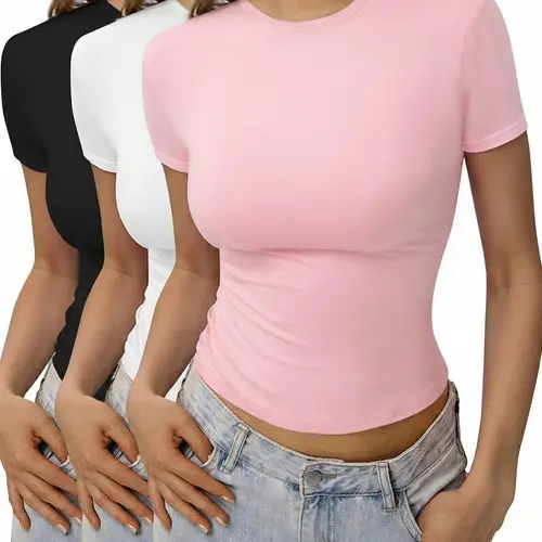 Women's 3pcs Plain Minimalist Round Neck Lounge Tees, Casual Basic Short Sleeve T-shirts for Daily Wear, Ladies Sleepwear, Summer Tops, Womenswear