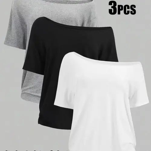 Women's Plus Size 3-Pack One-Shoulder Loose Short Sleeve T-Shirt, Casual Solid Color Basic Top, Comfortable and Stylish