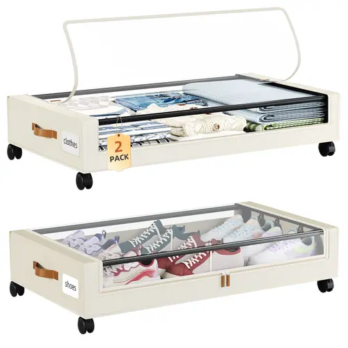 Somdot Under Bed Storage with Wheels, 2 Pack Bed Storage Containers with Dividers & Clear Lids, Easy Pull-out Metal Drawer for Clothes, Shoes,Toys, Blankets (Beige),dorm room inspo,college dorm essentials,dorm haul