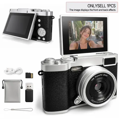 Flip Ccd Digital Camera, Includes Memory Card and Reader, Flip Screen, Video Camera, 2.4 Inch LCD, Rechargeable Compact, Portable Handheld Camera, Ideal for Travel, Portable Ccd Cameras