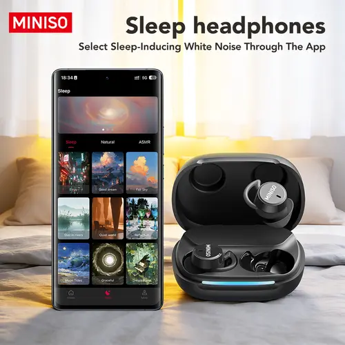 MINISO MS217 Bluetooth Wireless Earbuds Sleep Earphones,Bluetooth 6.0,Noise-Canceling Earphones.Improves sleep quality,Zero pressure on the ears when sleeping on your side,Invisible flat-head earphones,Suitable for travel and side sleepers