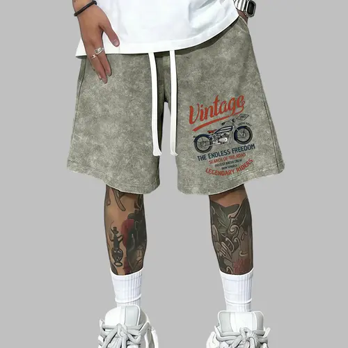 Men’s summer cotton athletic shorts with motorcycle graphic print, washed distressed finish; casual loose fit with a drawstring waist and pockets; retro street style, 2000s vibe. Suitable for running, golf, fishing, basketball, camping, gym, swimming, and