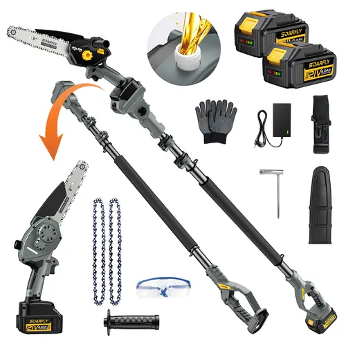 SOARFLY 2 in 1 Cordless Pole Saw & Mini Chainsaw with 2 Batteries, for Tree Trimming Heavy Duty, Portable Chain Saw with 10 FT Extension Pole, Limb Branch Cutter