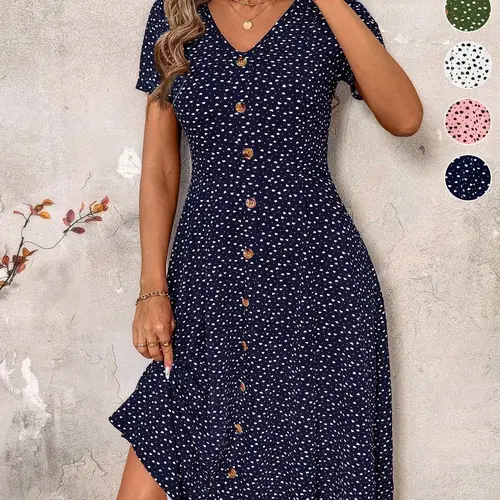 Women's Polka Dot Print V-Neck Short Sleeve Summer Dress, A-Line Midi Dress with Wooden Button Details, French Retro Elegant Style for Various Occasions