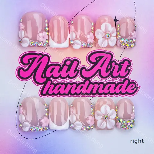 Delicatething Y2K Style Duckbill Square Nail Tips, Handmade Press-On Nails in 4 Sizes (XS/S/M/L) with Colorful Rhinestones and Flower French Design, Diy Fake Nails, French Nail Art, Handmade Press Ons