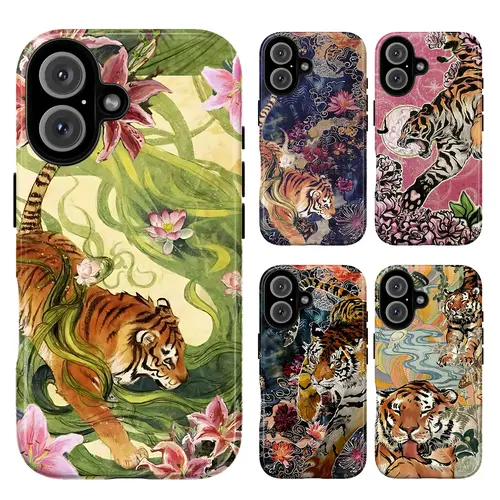 Tiger Chinese Artistic Duck Phone Case Set - Soft Tropical Flower, Swirling Cloud Camouflage Design, Retro Pop Art Aesthetic, Wireless-Friendly Protective Cover for iPhone 17-12 Pro Max Plus X, Galaxy S26-S21 Ultra, Christmas Gift, Shell, Casing, Devices