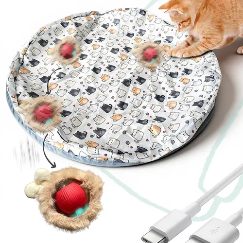 Interactive Cat Toy for Indoor Cats with automatic motion sensor, rechargeable moving ball and hide-and-seek mat. Smart random movement modes keep cats active, encouraging natural hunting, chasing and pouncing fun.