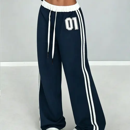 Black-White & Gray-White Contrast Print Style 01 Wide-Leg Casual Jogging Pants with Drawstring High-Waisted Long Pants for Babes Style - Trouser, Womenswear, Adjustable Breathable Bottom