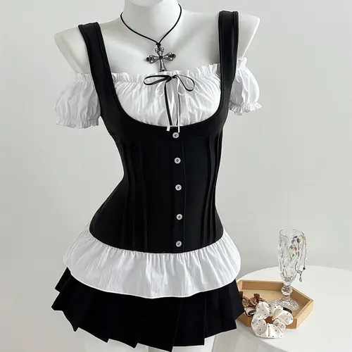 Women's French Style Summer Slim Fit Top, Cute Bow Design Short Sleeve Shirt, Patchwork Design Fitted Casual Top, Womenswear, Clothes