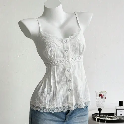 Women's Summer Lace Splicing Spaghetti Strap Hollow Out Backless Top, Casual Sleeveless Tank, Loose-Fitting Sweet Style, Perfect for Casual Wear & Daily Use Womenswear