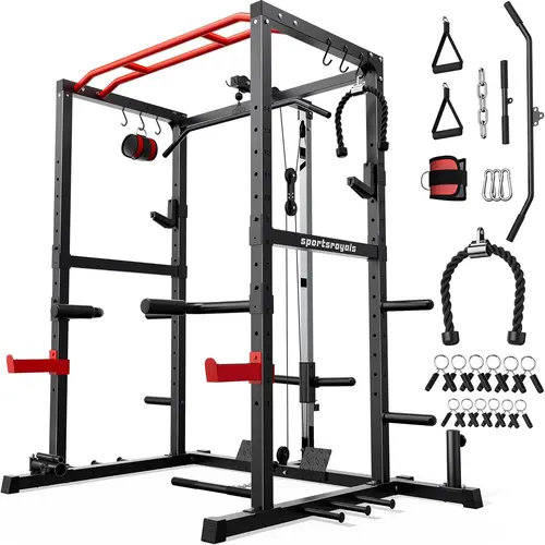 SPORTSROYALS FED Series RK2 Steel Power Rack - Adjustable Squat Rack with LAT Pulldown System, Pulley, Dip Bars, Training Attachments, Indoor Home Gym Machine Workout Machine for Strength Training, Weightlifting