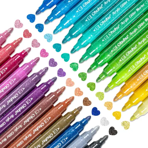 Ohuhu Acrylic Glitter Markers: Fine Tip/Medium Fine Tip - 24 Metallic Glitter Colors - 0.7mm/3mm - Paint Pens for Fine Details&Shimmer Accents, Water-Based&Quick Dry, for DIY Crafts, Cards, Journals, Wood & Rock Painting - Glitter Markers Series of Ohuhu