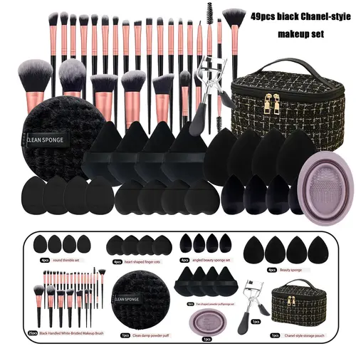 Makeup Brush Set,49pcs/set Makeup Tool Set Including Soft Brushes, Beauty Sponges, Powder Puffs, Brush Cleaner Mat, Bag and, Multifunctional Makeup Kit for Beginners, with Makeup Travel Bag,Professional Makeup Tools for Women, Cosmetic, Flawless, Black 49