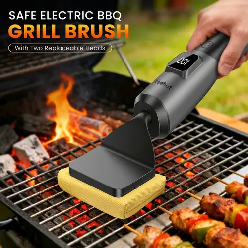 Redhut Cordless Electric Grill Brush Utensil - 2 Interchangeable Head Attachments, Shed-Free Steel, Fireproof Cloth, ABS Plastic, 240-Min Runtime, High-Frequency Vibration, Strong Power, Deep Cleaning for Gas/Charcoal Grates, Camping BBQ, Wireless Use