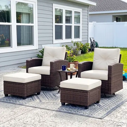 LayinSun 5-Piece Heavy-Duty Outdoor Wicker Rattan Swivel Rocking Glide Chair Set with Ottoman, Coffee Table & Comfy Cushions (4 Packages Shipping) - Heavy-Duty Structure Outdoor Furniture Set for Garden, Backyard, Wicker Rattan Set