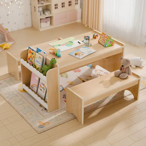 Topwin Montessori Wooden Kids Table and Chair Set - Indoor Furniture Set with Large Top, Storage Side Shelves to Sort Toys, Quick Setup, Waterproof Surface, Smooth Finish for Toddlers’ Nursery Learning & Doodles Wipe Away, Interior