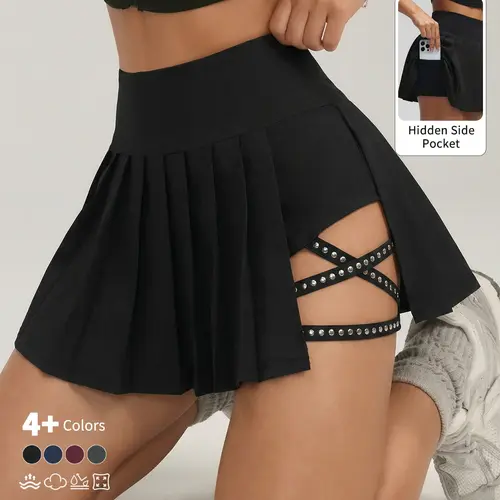 Gm036# High-Waisted Pleated Skirt Shorts for Women, Quick-Dry Sports Pants with Pockets, Outdoor Tennis Skirt, Anti-Slip Design, Pockets Stretchy Skorts
