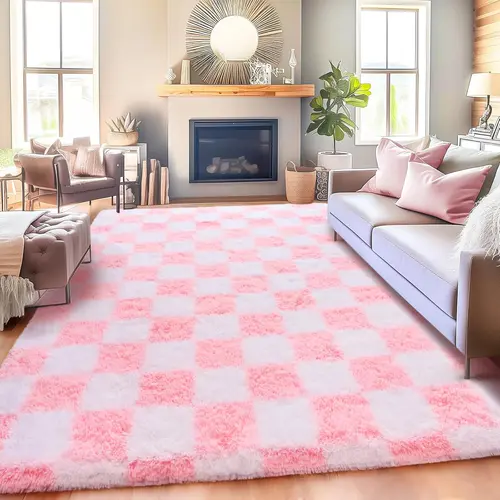WISH TREE Ultra Fluffy Shag Checkered Decorative Rug - Non-Slip Modern Plush Carpet for Bedroom, Kids’ Room, Home Decor