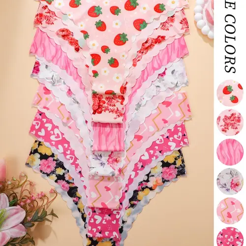 6/7 Pcs Women's Seamless Breathable Design Triangle Panties, Cute Floral & Heart Print, Breathable Comfort, All Seasons Everyday Casual Underwear, Fitted Style, Breathable Panty