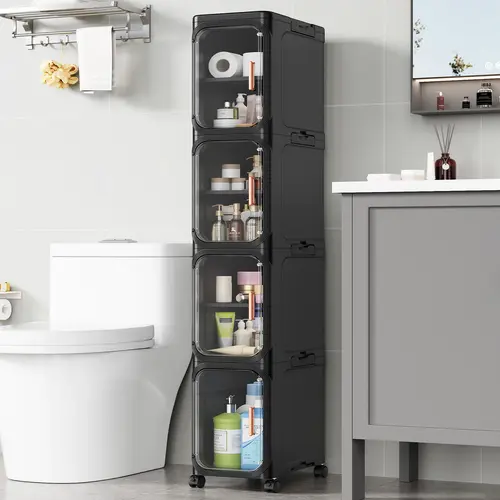 BROVIEW N9 Slim Foldable Bathroom Storage Cabinet - 3-Tier/4-Tier Sturdy Waterproof Organizer, Vanity Shelves for Small Spaces, Adjustable Fridge/Vanity Gap Storage with Easy Movement, Bathroom Organization, Storage Organizer