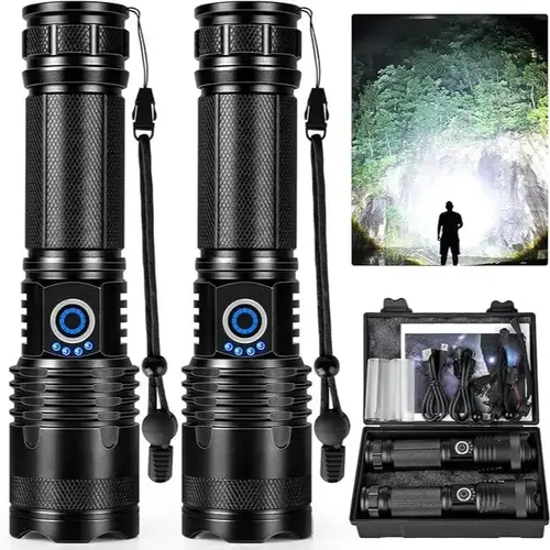 High Lumen Rechargeable LED Flashlight - Aluminum Alloy, USB Port, Adjustable Wide or Spot Focus, Compact, 5 Lighting Modes, Wide Beam for Large Range, Long Runtime for Long Trips, Handheld Home Emergency Tool (Festive Party Bag Gift)