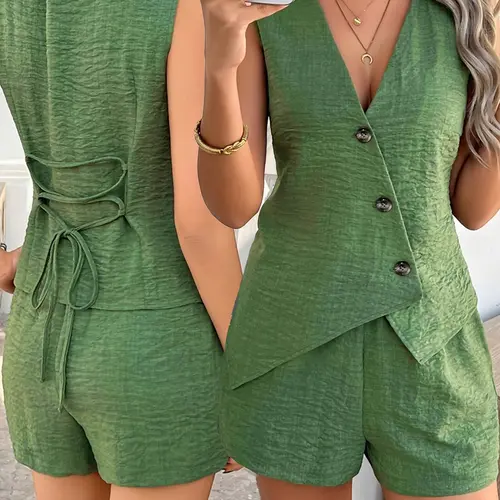 Women's Summer Casual Vacation Style Icon Set, Womenswear Pure Color Button Tie Waist Sleeveless Cardigan Vest + High-Waisted Loose Shorts, Elegant Slim-Fitting