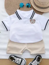 Baby Summer Cartoon Bear Head Embroidered Polo Shirt Shorts Set, Outfit, Clothes, Baby Clothing, Cute Toddler, Comfortable Cotton Material, Perfect for Playtime