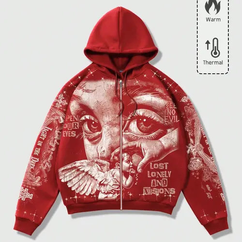 Men's Y2K Retro Streetwear Hoodie, Casual Oversized Loose-Fit Jacket, Angel Wings Graffiti Print, Red, Zip-Up Sweatshirt, Dark Fashion, Trendy Graphic Hoodies, Hooded Top