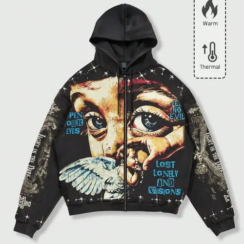 Men's Y2K Retro Vintage Streetwear, Angel Wings Graffiti Print Zip-Up Sweatshirt, Graphic Hoodie, Loose-Fit Short Jacket
