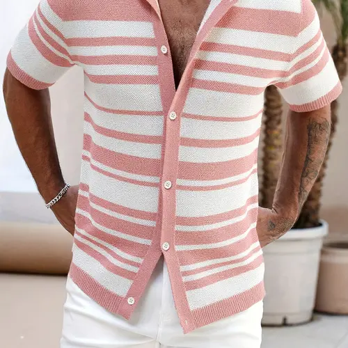 Men's Knit Short Sleeve Shirt, Striped Collar Breathable Casual Top, Classic Striped Hollow Out Blouse, Lightweight Texture, Vacation Daily Wear