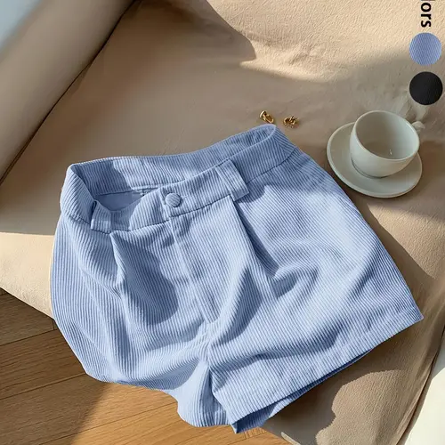 Women's Elegant Solid Color Pleated Corduroy Boyfriend Shorts, Casual Fashionable Shorts, High Waist, 2026 New, Non-Sheer, All Seasons, Casual Wear, Office Commute, Home, Dates, Parties