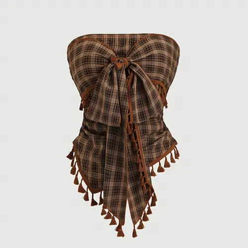 Women's French Vintage Plaid Fringe Trim Bow Design Short Tube Top, Bow Decor Camisole Top, Perfect for Parties, Evening Events and Vacations, Elegant Style Top, Cami Sleeveless Top