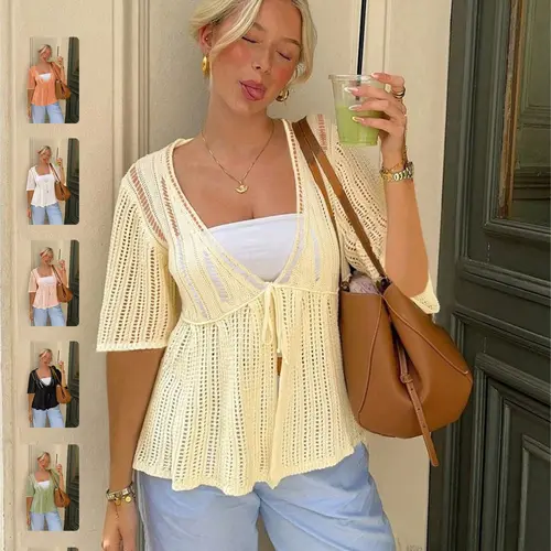 Women's Summer New Loose Casual Basic Knitwear Cardigan, Hollow-Out Bow Tie-Front Low Neck Short-Sleeve Crochet Mesh Sun Protection Top
