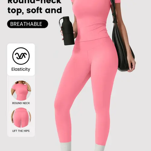 Women's Sportswear Set, Solid Color Tee & Yoga Leggings, No Front Seam Design, Classic Style, Ideal for Outdoor Running & Fitness, Athletic Wear, Exercise Clothing