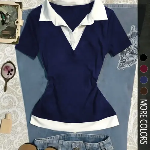 Women's Colorblock Patchwork Mock Two-Piece Shirt Collar Slim Fit Short Sleeve Top, Casual Button Up, Simple Casual Comfortable Daily Wear, Versatile Fashion Blouse, Casual Blouse Shirts, Casual Collared Top, Blouses Shirts Tops