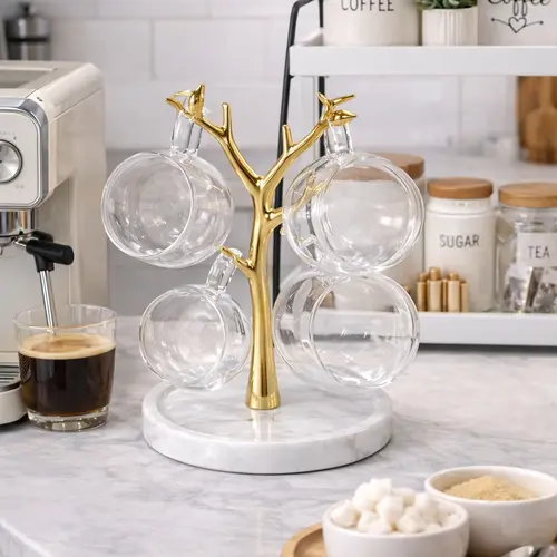 Coffee Mug Holder – 4 Cup Mug Tree Stand with Marble Base for Coffee Station