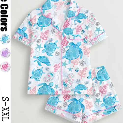 Women's Turtle Print Sleepwear Set, Short Sleeve Button-Up Top & Elastic Shorts, Casual All Seasons Pajamas, Comfortable Home Wear, Loungewear, Homewear, Lady, Breathable Summer Sleepwear, Casual Nightwear, Lounge Pjs Set, Sleepwear Outfits