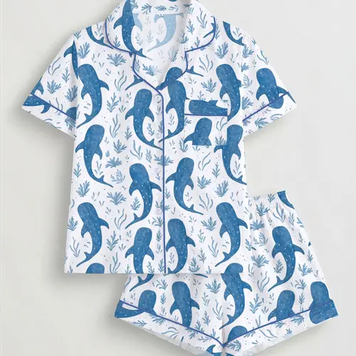 Women's Ocean Plant Shark Print Sleepwear Set, Short Sleeve Button-Up Top & Elastic Shorts, Casual Homewear for All Seasons, Loungewear, Pajama Set, Pjs, Pyjamas, Casual Loungewear Outfit