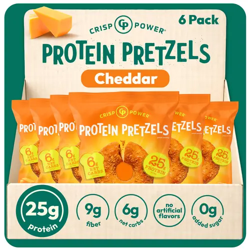 Crisp Power Protein Pretzels, Cheddar Flavor, High Protein Snack, 26G Protein, Crunchy Pretzel Snacks, No Added Sugar, 1.75 oz Bags, 6 Pack, Keto, High Fiber