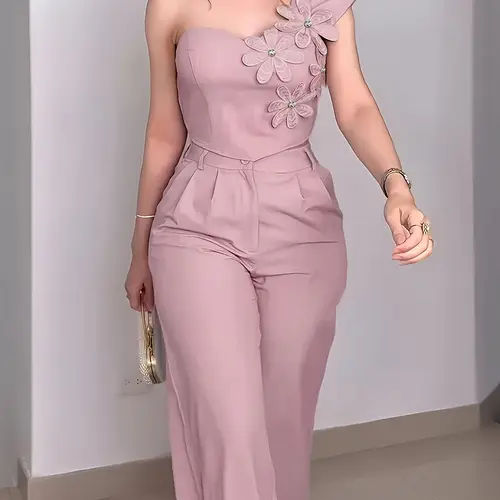 New Spring Summer American Style Chic Elegant One-Shoulder Floral Decor Two-Piece Set, Sweet Style Waist Cinching Crop Top & Wide Leg Pants for Dating, Womenswear