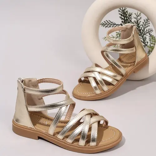Girls' Summer Zipper Roman Sandals, Strappy Sandals, Zipper Design Sandals, Fashionable and Comfortable, Perfect for Outdoors and Play, PU Leather Above Ankle Shoes, Pu Rubber Sandals
