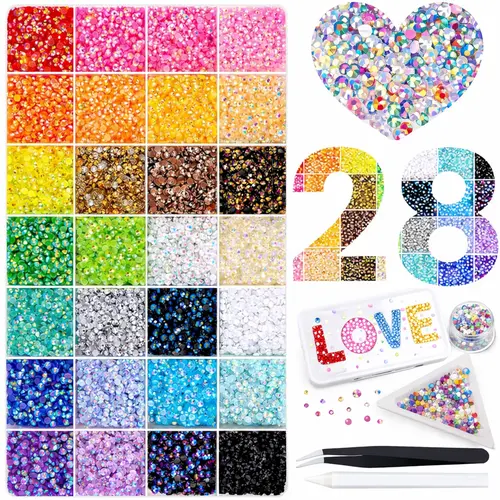 DIY Bedazzling Kit with 28-Color 32000pcs Synthetic Rhinestones, Resin Beads, Flatback Gloss Beads, Tweezers, Pick-Up Pen & Gifted Tools for Nail Art, Shoe Decoration