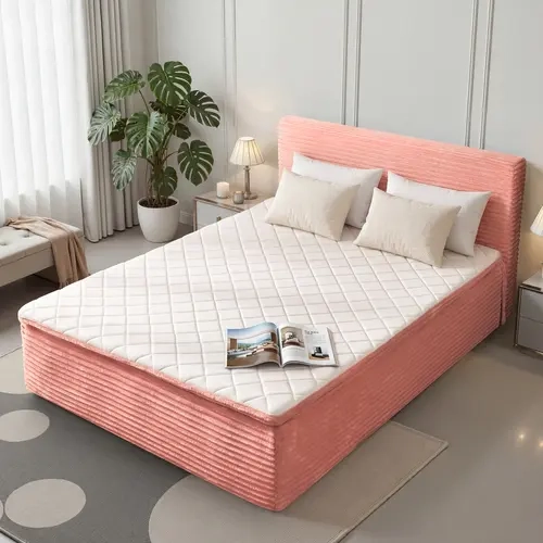 CAODOC 2-in-1 Full Size Plush Corduroy Compress Bed, Comfy Memory Foam Mattress Cloud Bed in a Box with Upholstered Headboard, Mattress & Bed Frame for Living Room, Apartment, No Assembly Required