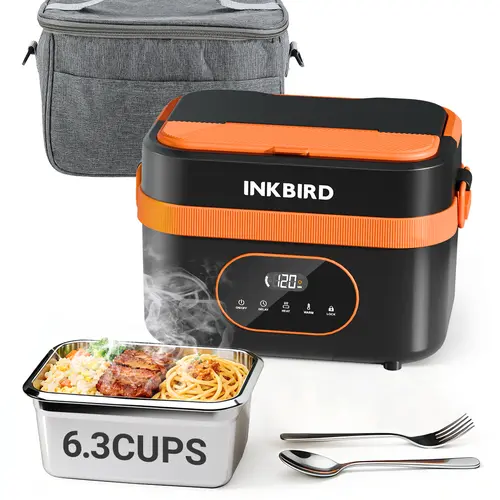 INKBIRD Electric Lunch Box - 1.5L Large-Capacity Stainless Steel Bento Container, 16000mAh Battery, 360° Even Heating, Timer & Temperature Settings, Wireless Portable Food Warmer, Leak-Proof Steel Body, Tableware Included, Power Adapter | Back to School