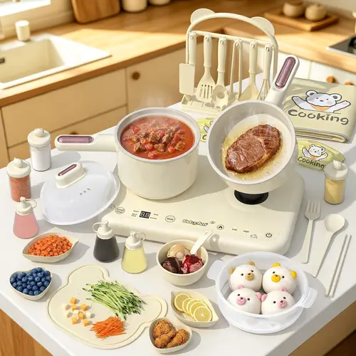 Gotoofun Pink Dual-Stove Mini Realistic Pretend Play Cooking Set - Safe & Functional Design, Compact Montessori Toy with Pretend Play Dishes, Cooking Tools, Kids’ Kitchen Tools, Mini Food Gadget Toy, for 5-12 Yr Olds, Ideal for Birthdays