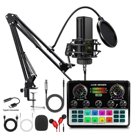 Safring V8S Pro+240 Podcast Equipment Bundle - Live Audio Mixer, Rechargeable Battery BM800 Condenser Mic with Voice Changer, Plug-and-Play Twitch Recording Device for Podcasting,Singing, Desk Clamp, Sound Effects All-in-1 PC/Mobile Setup