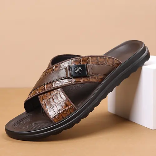 Men’s Summer PU Leather Non-Slip Business-Leisure Slipper Sandals - Breathable Flat Shoes Sandals with PU Sole, Cómodos Men's Fashion Slippers for Outdoor Casual Use