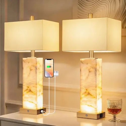 DEMILARE 2-Piece Table Lamps Set - 60W, USB A/C Ports, 3-Way Touch Dimmer, Nightlight Mode, Marble Base, Resin Build, Lights for Bedroom, Guest Room, Tabletop Home Decor