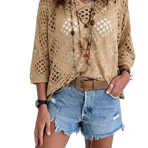 PHEFEE Women's Fitted 100% Cotton Casual Bohemian Crochet Blouse - V-Neck, Hollow Out, Short Batwing Sleeves, Lightweight Drape Knit Fabric, Stylish Summer Festival Piece (Note: Size down for better fit)