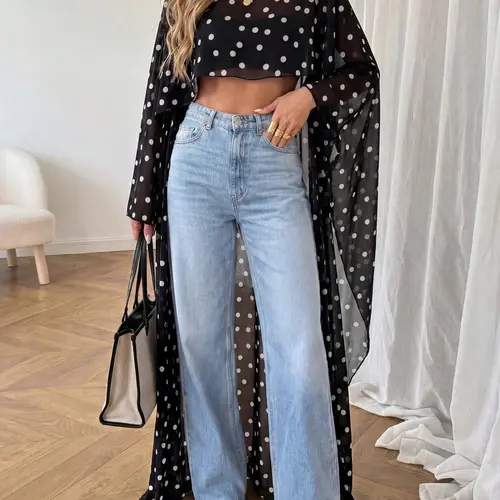 Women Black Polka Dot Sheer Chiffon Kimono Cover Up Oversized Batwing Sleeve Beach Cardigan Lightweight See Through Long Cape Shawl Summer Vacation Outfit Resort Wear Layering Top Swimsuit Cover Up, Beachwear Cover Up
